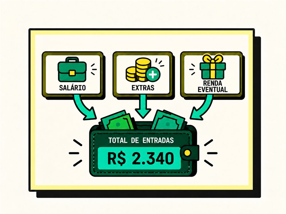 Passo 01: salário, extras e renda eventual somam o total de entradas.