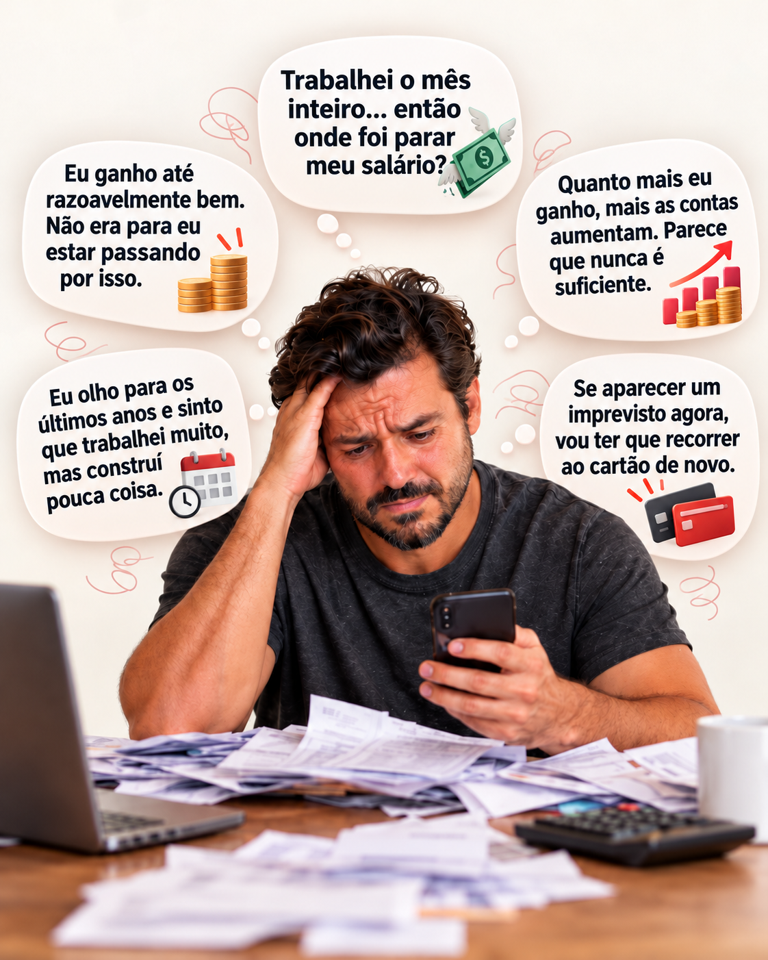 Homem preocupado diante de contas e do celular, cercado por pensamentos: contas atrasadas, dinheiro sumindo, gastos crescendo, cartão no limite e confusão financeira.